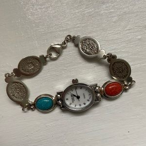 Crushed Turquoise, Coral, Malachite Sterling Silver Quartz Watch
